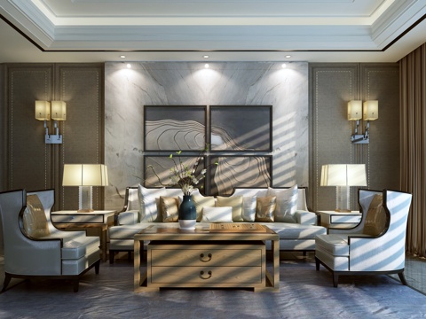  新中式沙发茶几组合 沙发凳 挂画 转角沙发 背景墙3d模型 