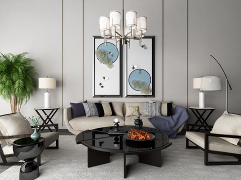  新中式沙发茶几装饰画组合3d模型 