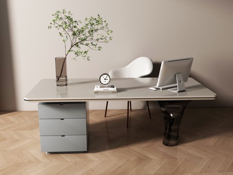 现代书桌椅组合 摆件组合 书桌su模型