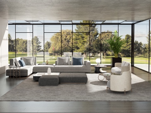  后现代组合沙发 双人沙发 单人沙发 茶几 台灯 圆几 饰3d模型 