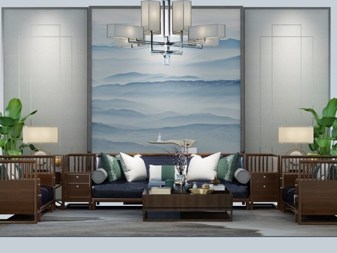  新中式实木沙发 茶几 吊灯 角几3d模型 