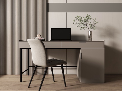 现代书桌椅组合 摆件组合 书桌 格栅板 椅子su模型su模型