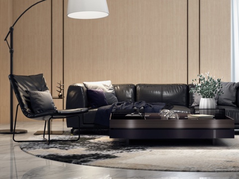  现代客厅 现代沙发组合 多人沙发 单椅 皮质沙发 茶几3d模型 