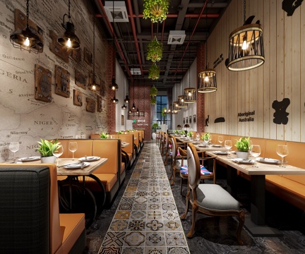  工业风火锅店 餐桌椅 吊灯3d模型 