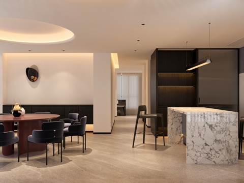  现代餐厨一体餐厅厨房餐桌椅岛台冰箱烤箱3d模型 