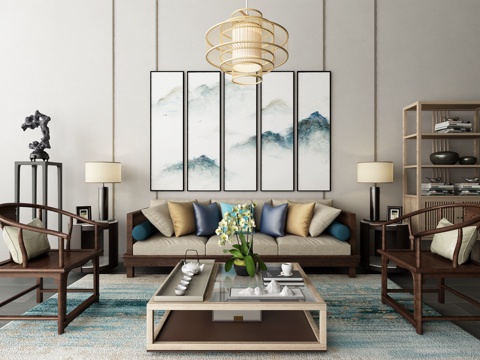  新中式沙发茶几吊灯装饰画组合3d模型 