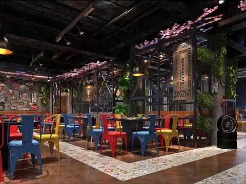  工业风火锅店 工业风餐座椅组合 墙饰 吊灯 铁艺隔断3d模型 