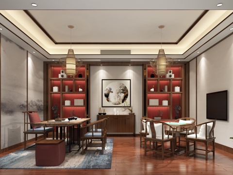  新中式茶室 麻将室 装饰柜 吊灯 茶台 麻将桌 植物3d模型 