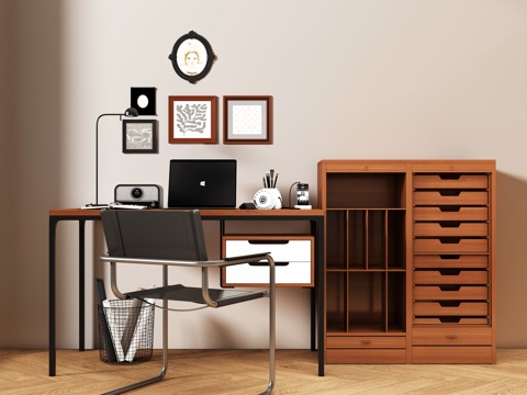 美式书桌椅组合 摆件组合 书桌 椅子 书柜su模型