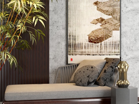  现代藤编中式躺椅 竹子3D模型3d模型 