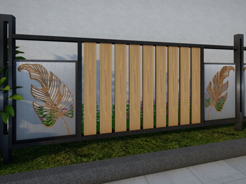 现代围栏花卉不锈钢护栏扶手植物铁艺镂空户外阳台创意金属栏杆su模型