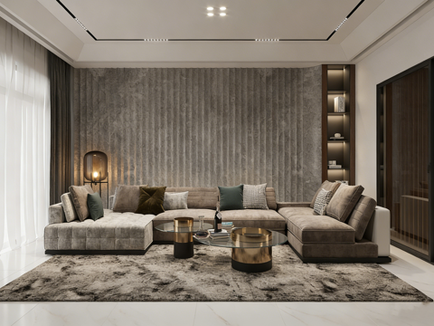  现代简约轻奢全屋家具组合  L型沙发 餐桌椅 悬浮书桌 皮床3d模型 