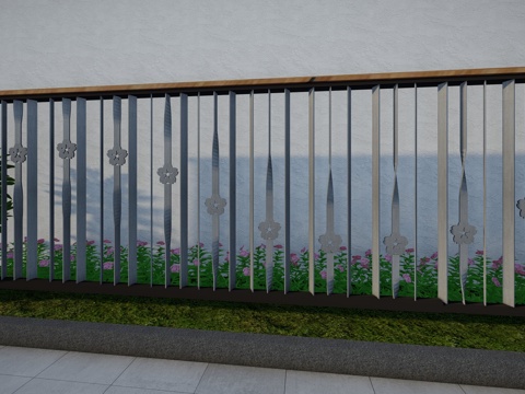 现代围栏花卉不锈钢护栏扶手植物铁艺镂空户外阳台创意金属栏杆su模型