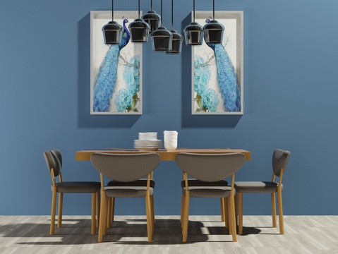  新中式餐桌椅 装饰画 吊灯3d模型 