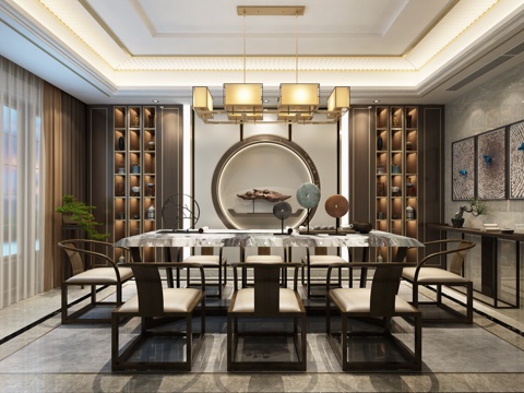  新中式餐厅餐桌组合3d模型 