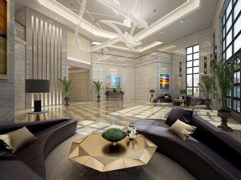  现代门厅 沙发 圆几 装饰品 吊灯3d模型 