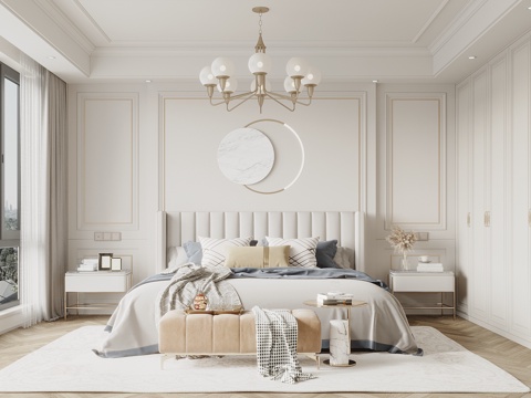  美式简欧风卧室 床头背景墙 衣柜 卧室美式吊灯 双人床3d模型 