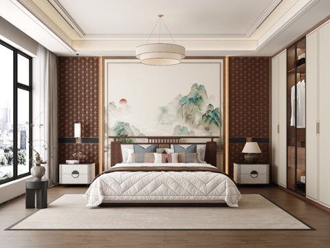  新中式卧室 宋式卧室 飘窗卧室 主卧3d模型 