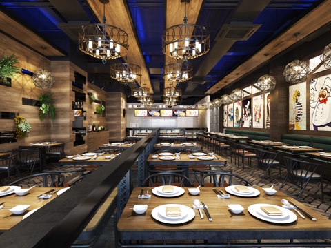  工业风餐厅 餐桌椅  吊灯 挂画 餐具3d模型 