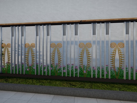 现代围栏花卉不锈钢护栏扶手植物铁艺镂空景观栏杆户外花朵创意栅su模型