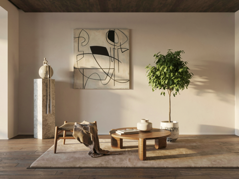 侘寂雕塑_饰品摆件_藤编凳_茶几_雕塑_壁画_凳子su模型