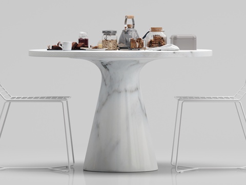  现代户外石桌 铁艺椅子 食物 摆件组合3d模型 