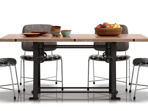  工业风餐桌 椅子 摆件组合3d模型 