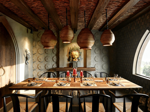  东南亚侘寂风禅意餐厅全场景 茅草顶 原木长桌 藤编椅 佛像摆3d模型 