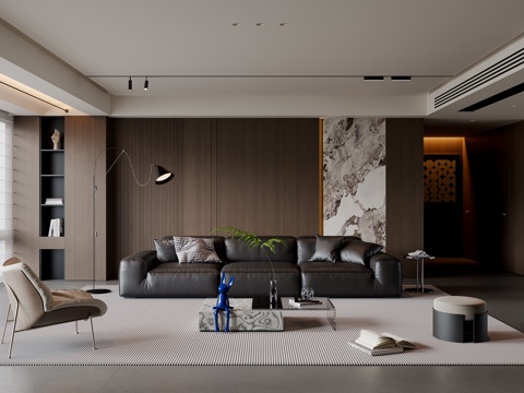 现代意式客厅 沙发茶几 三人沙发 休闲椅 落地灯 地毯su模型