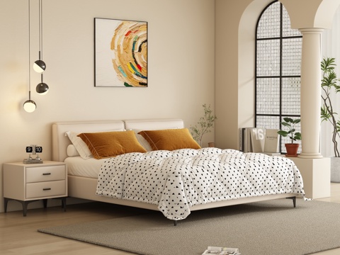  现代奶油风卧室 双人床3d模型 