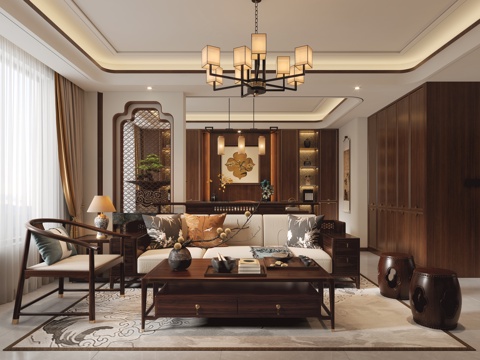 新中式客厅3d模型 