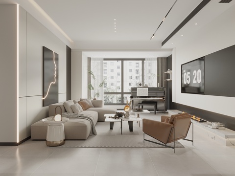  现代奶油风客厅  电视背景墙 沙发背景墙 沙发茶几组合 无主3d模型 