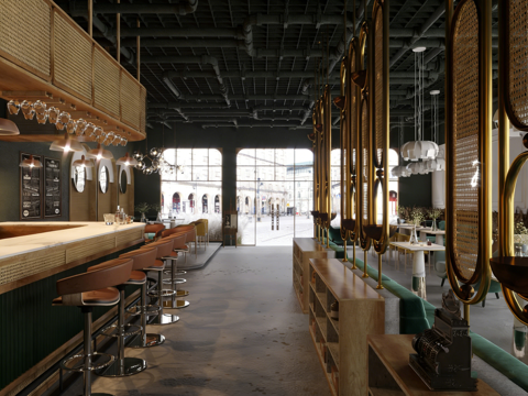  现代轻工业风咖啡厅酒吧 吧台 卡座 拱窗 深绿墙 球形灯3d模型 