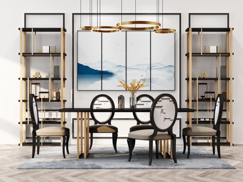  现代餐桌 餐椅 吊灯 装饰柜组合3d模型 