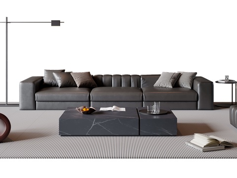  现代意式沙发茶几组合 三人沙发 皮质沙发 落地灯 地毯3d模型 