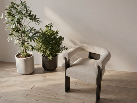 奶油中古餐椅 羊羔绒单椅 羊羔绒餐椅su模型