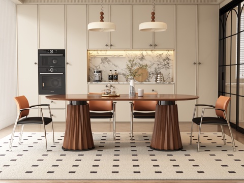  现代中古风长餐桌椅 餐厅3d模型 