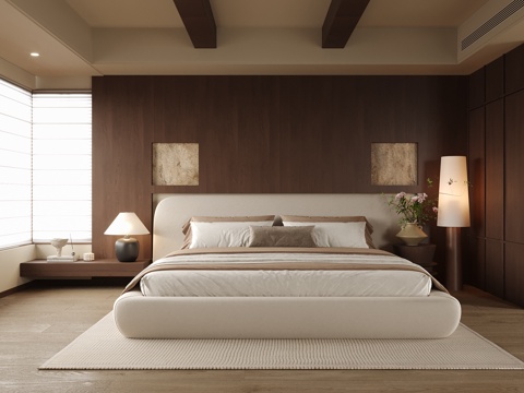 现代卧室 双人床su模型