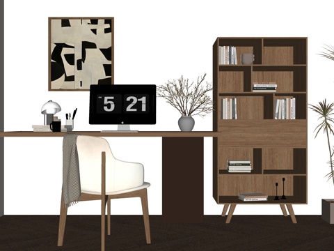现代书桌椅组合 摆件组合 书桌su模型