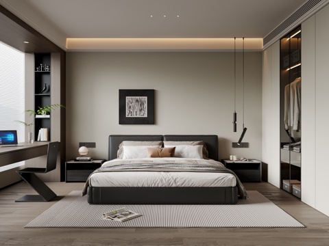 现代简约卧室 皮质双人床 床头柜 吊灯 挂画 书桌椅 地毯su模型