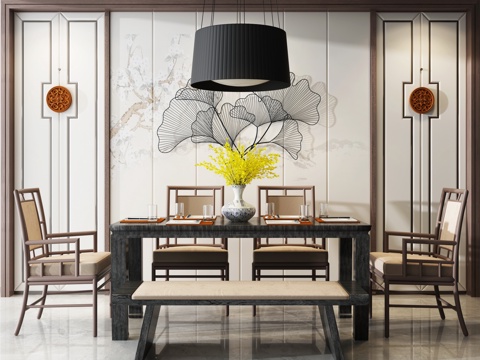  新中式餐桌椅吊灯组合3d模型 