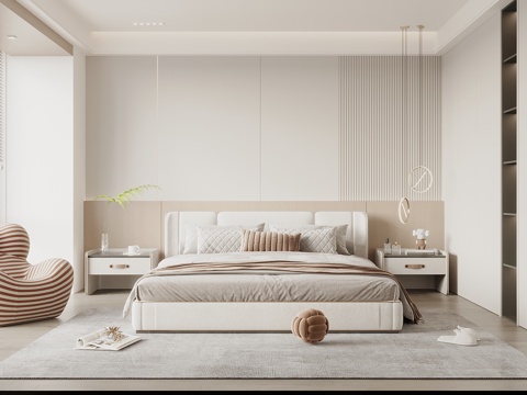  现代奶油风卧室 床头背景墙 双人床 衣柜 休闲沙发 老人房3d模型 