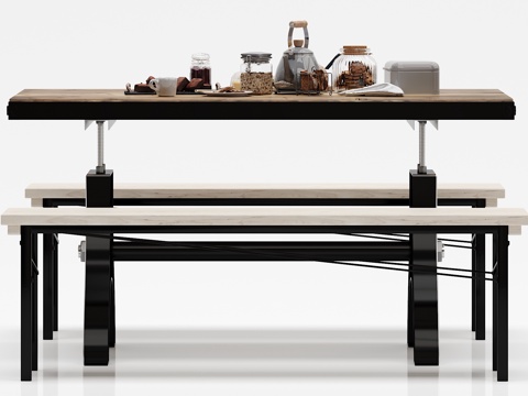  工业风餐桌 椅子 食物 摆件组合3d模型 