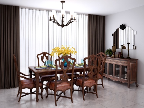  美式餐桌椅 吊灯 边柜3d模型 