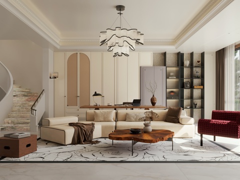  法式奶油风客厅 法式别墅客厅 复式客厅3d模型 