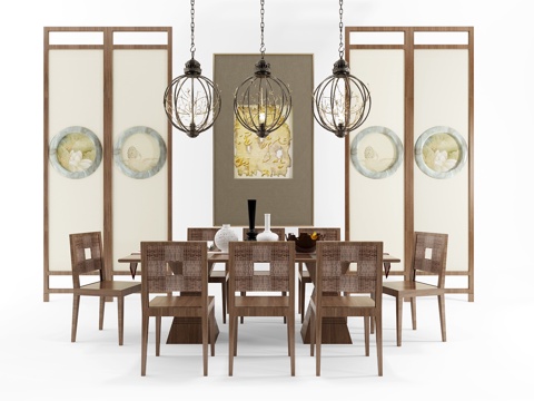  东南亚餐桌椅屏风组合3d模型 