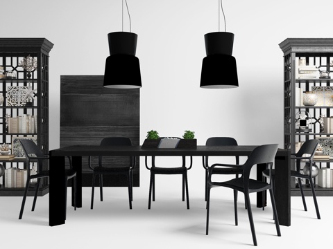  现代餐桌椅 书柜装饰3d模型 