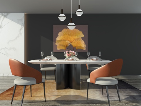  现代餐厅 餐桌椅 吊灯 挂画3d模型 