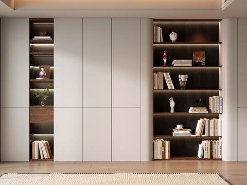 现代定制书柜 圆弧开放格书柜su模型