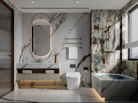  轻奢卫生间 卫浴柜 卫浴用品 花洒马桶 现代卫生间3d模型 